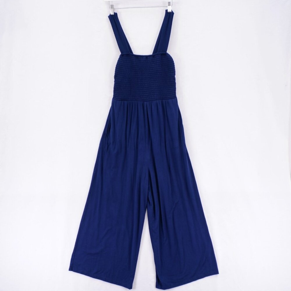 Ann Taylor Loft Ruffle Scrunch Chest Wide Leg Blue Jumpsuit Small Sleeveless